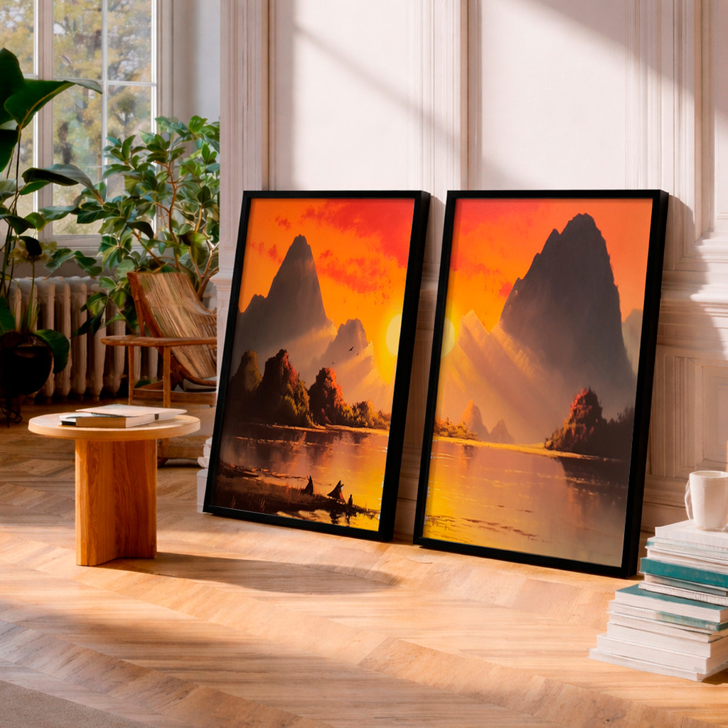 Kit 2 Quadros com Moldura Paisagem Montanha Lago Pôr do Sol Natureza Céu Laranja
