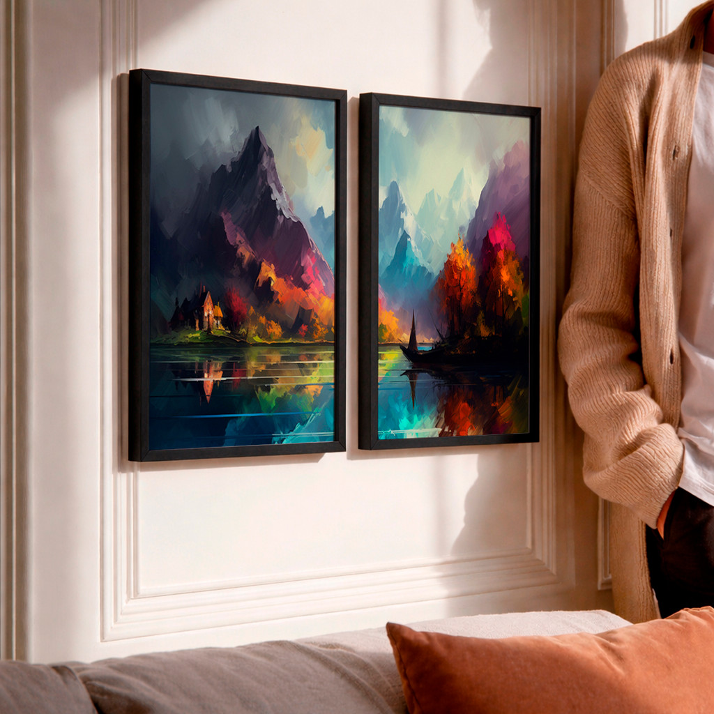 Kit 2 Quadros com Moldura Paisagem Montanha Lago Casa Natureza Pintura Artística