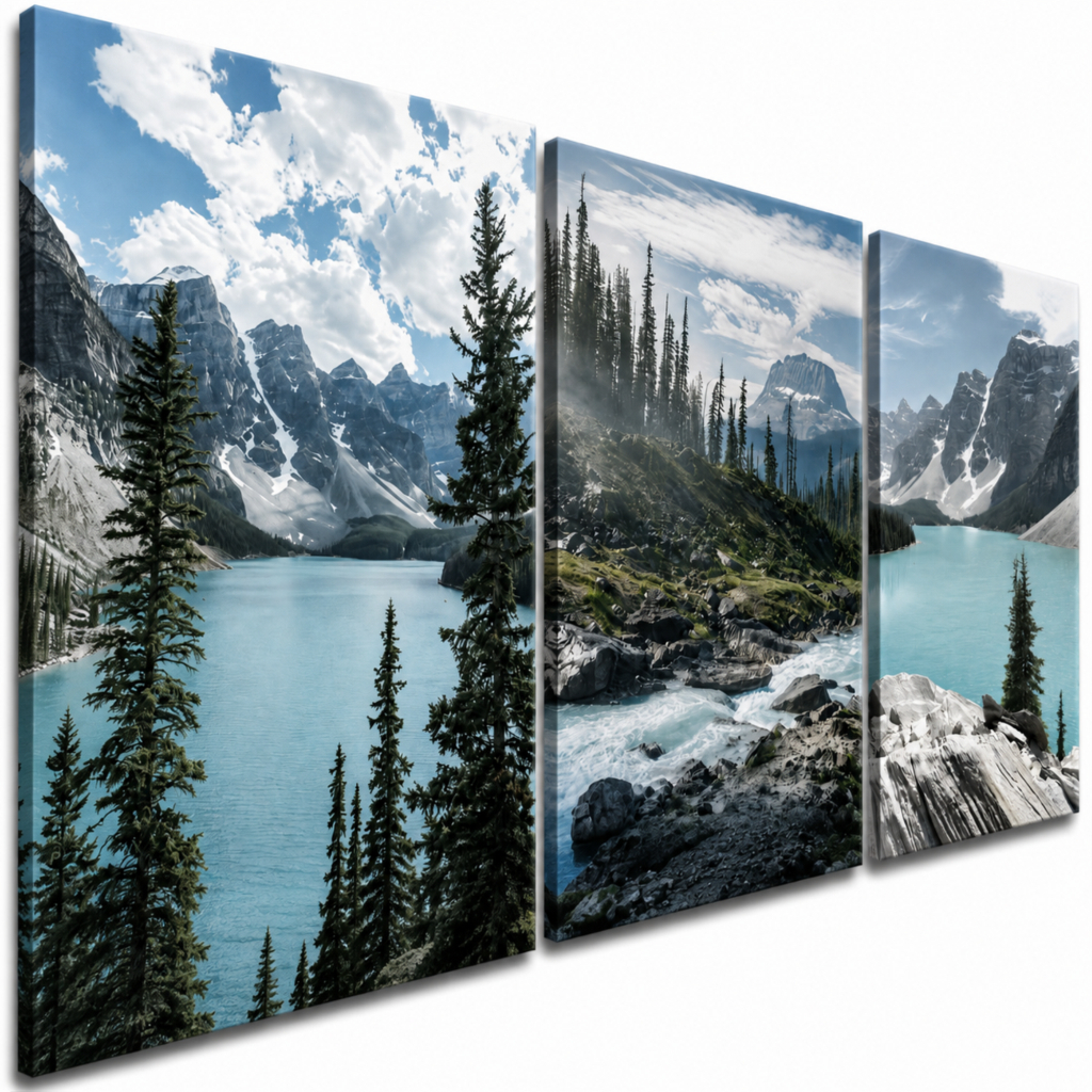Kit 3 Quadros Decorativos Paisagem Montanhas Lago Azul Pinheiros Natureza para Sala Quarto e Escritório