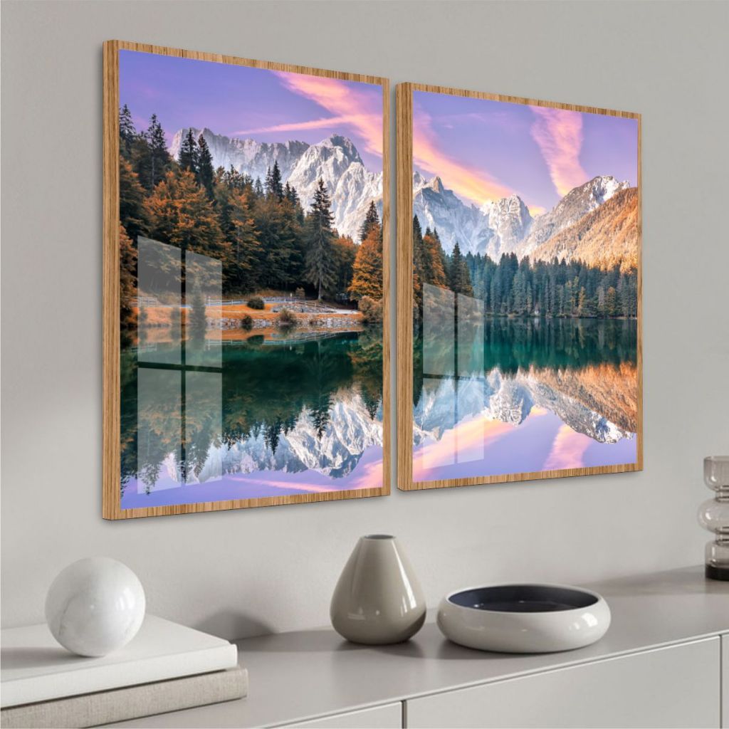 Quadro Moldura Vidro Kit Duas Peças Paisagem Natural Montanhas Lago Decoração Rancho Sala Escritório