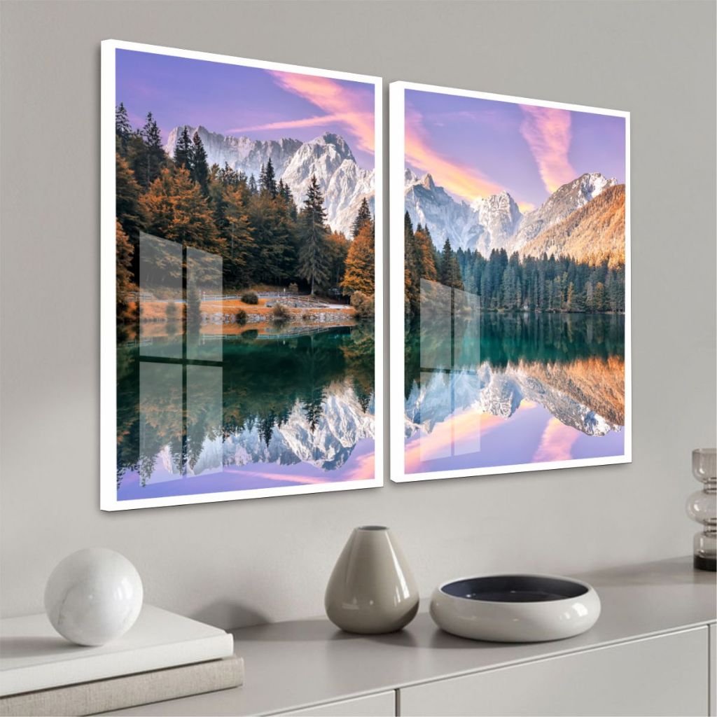 Quadro Moldura Vidro Kit Duas Peças Paisagem Natural Montanhas Lago Decoração Rancho Sala Escritório