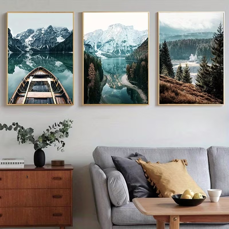 KIT 3 Quadros Montanhas Nevadas Lago | Decoração Sala Paisagem Natureza Escandinava
