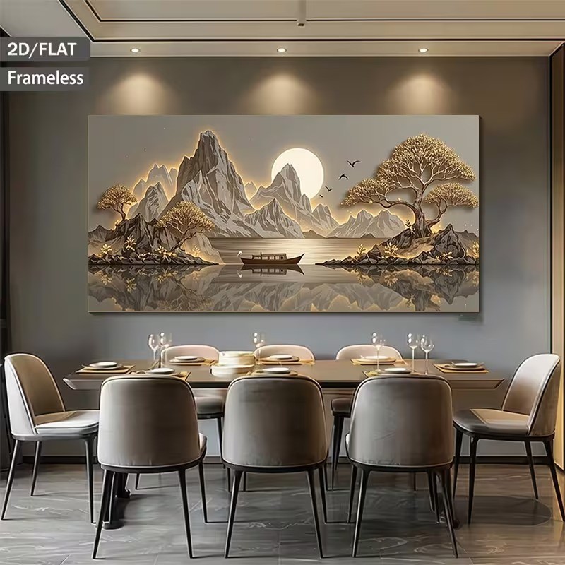 Quadro Decorativo Oriental Paisagem Montanhas E Barco No Lago