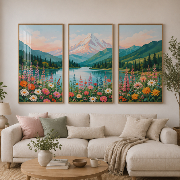 Kit 3 Quadros Decorativos Sala Hall Escritório Paisagem Montanha Flores Campo Lago