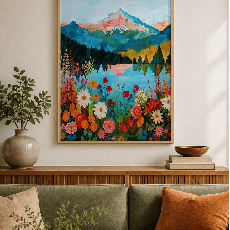 Quadro Decorativo Paisagem Montanha Flores do Campo Pintura Natureza Colorida Lago e Floresta Sala Com Vidro