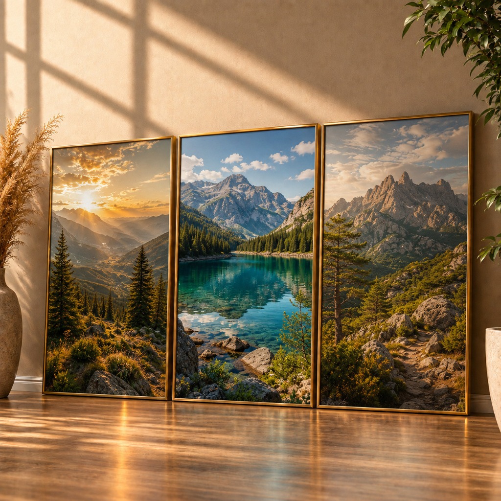 Trio de Quadros Decorativos Natureza Serra Montanhas e Lago em Paisagem Natural
