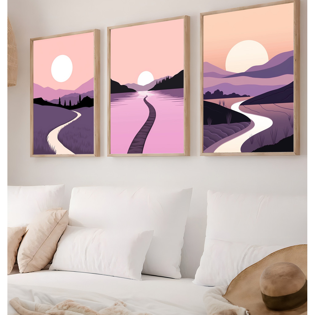 Kit 3 Quadros Paisagem Rio Rosa Minimalista Pôr Do Sol Montanhas Estrada Lago Céu Quarto Decoração