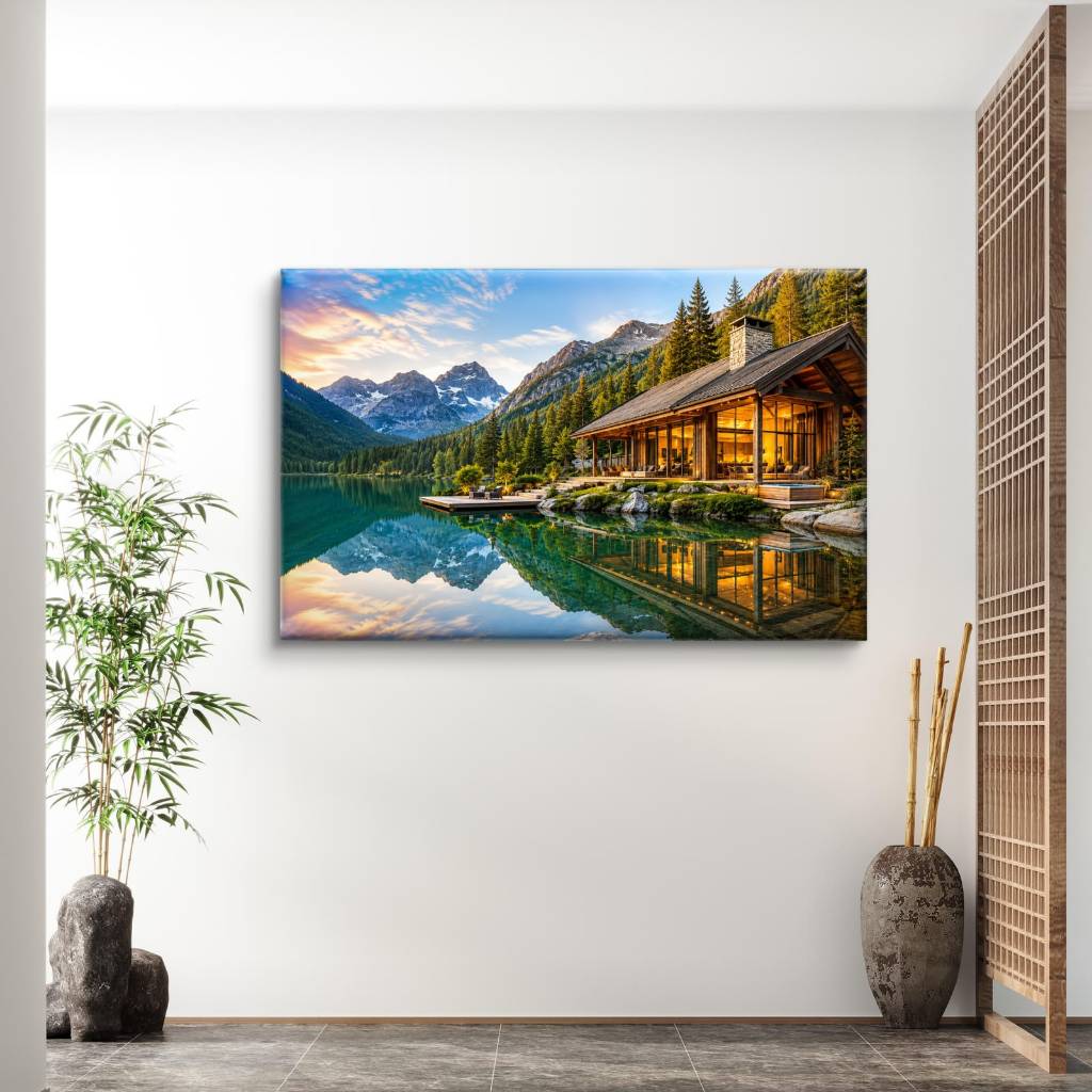 Quadro Decorativo em Canvas 110x70 Paisagem Chalé nas Montanhas Lago Natureza para Sala