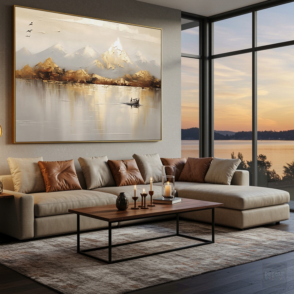 Quadro Paisagem Clean Lago e Montanhas Detalhes Dourado Passaros Efeito Arte Pinceladas Horizontal