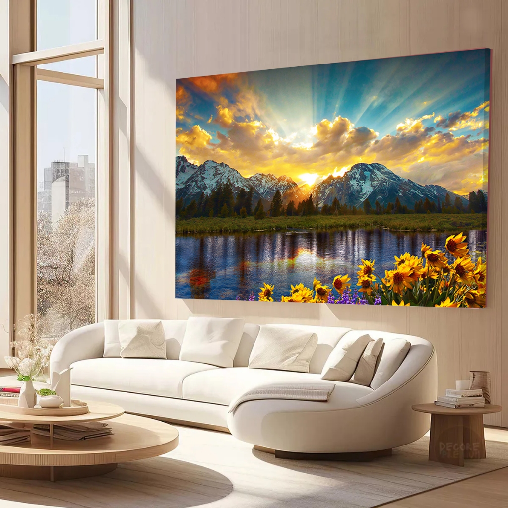 Quadro Paisagem Lagoa Suiça Montanhas e Lago Grande Horizontal Canvas