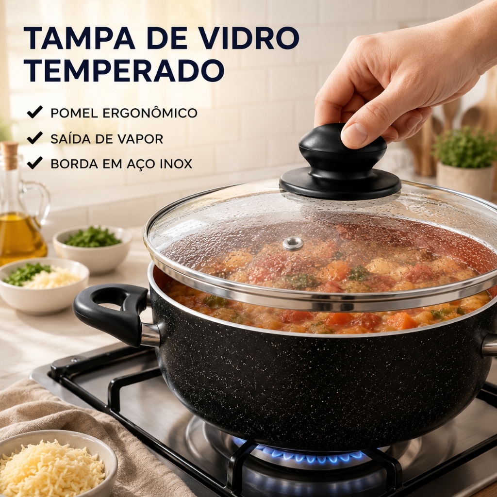 Caçarola Antiaderente 20cm Revestimento Cerâmico Tampa De Vidro Durável Cozinha Gourmet Premium