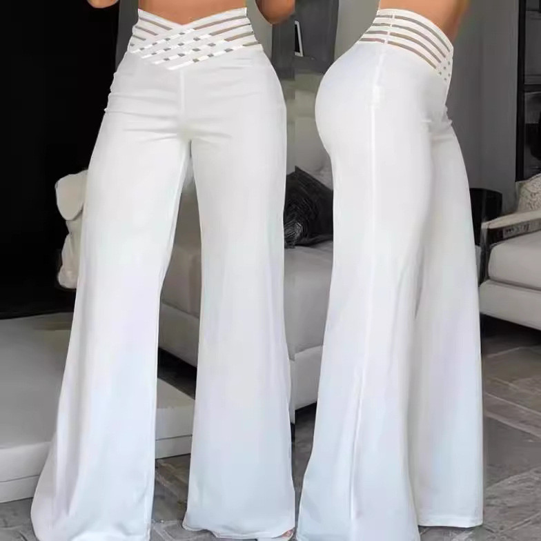 Calças Femininas com Cintura Cinturada e Detalhes Vazados, Calças Elegantes para o Dia a Dia com Ligeira Aba, Calças Cas