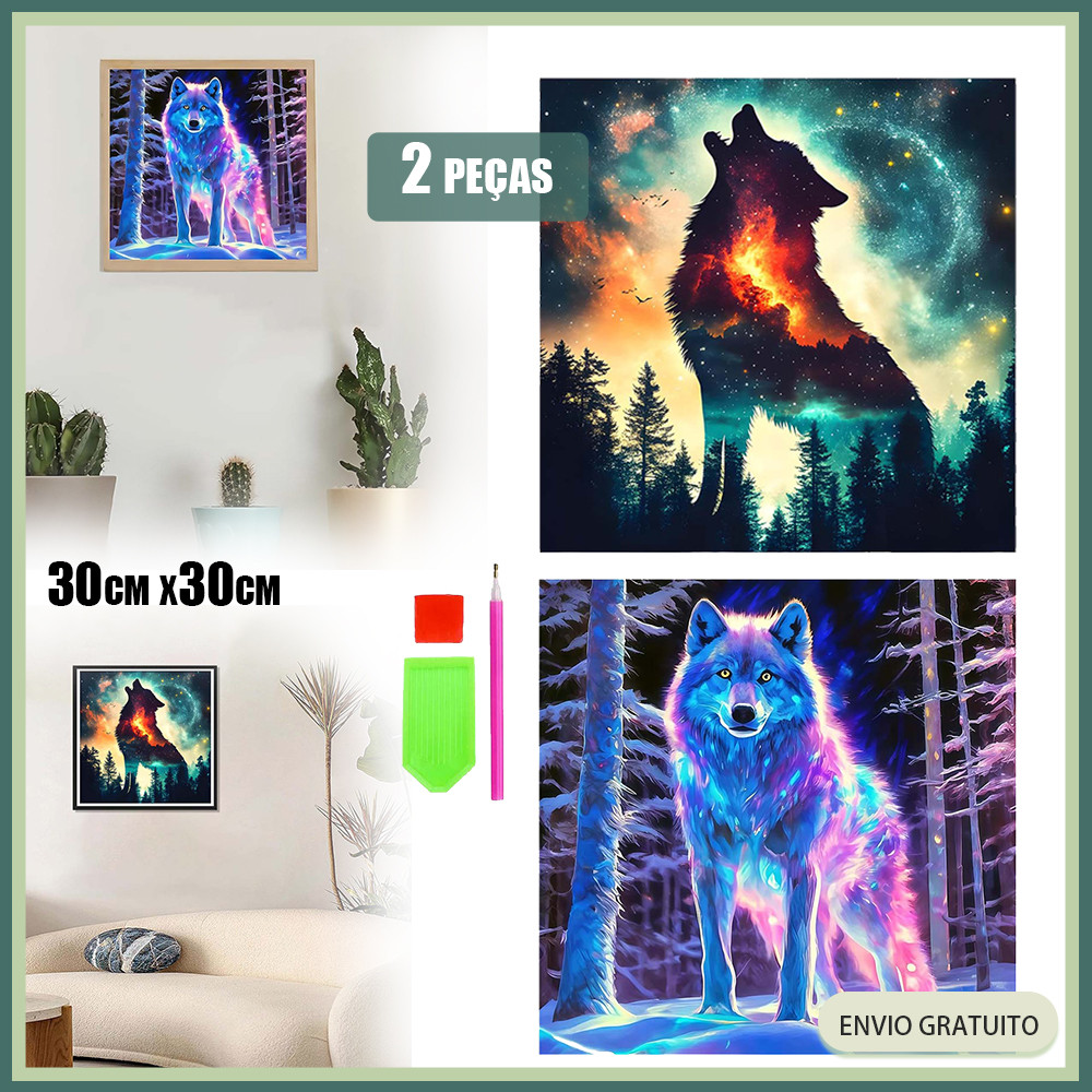 Conjunto de pintura 5D em diamante quadrado 30x30cm Decoração de parede Mori Night Star Wolf + Ice Field Phantom Wolf