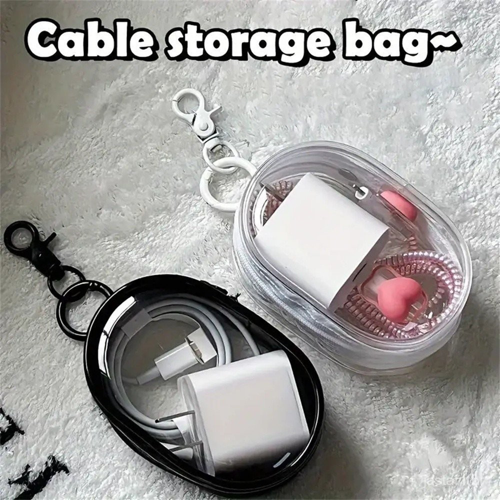Mini bolsa portátil com zíper transparente e carregador, fones de ouvido e caixa de acessórios de viagem VPD4