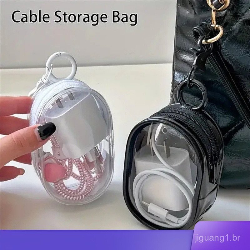 Mini bolsa portátil com zíper transparente e carregador, fones de ouvido e caixa de acessórios de viagem VPD4