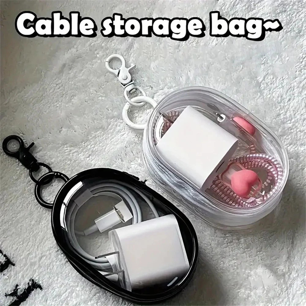 Mini bolsa portátil transparente com zíper e carregador, fones de ouvido e caixa de armazenamento de acessórios de viage