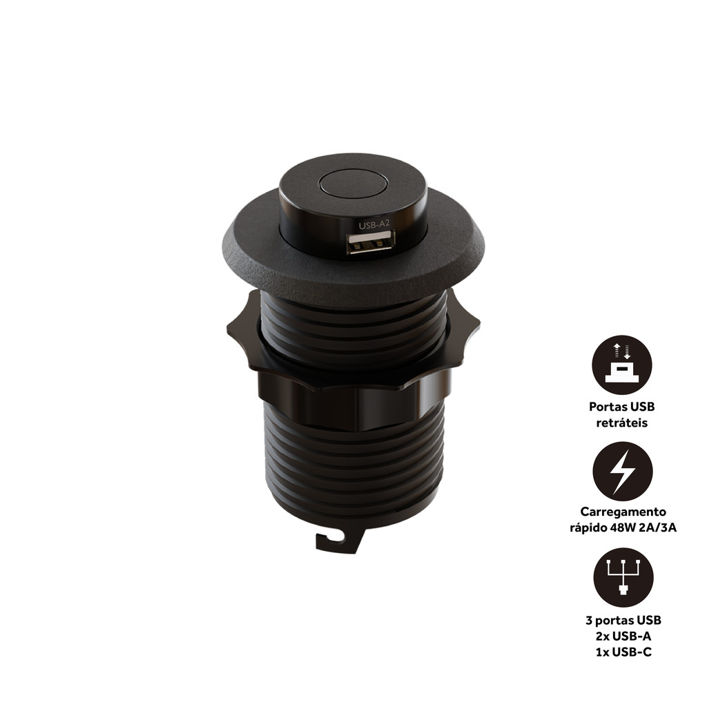 Caixa Tomada Multi USB e USB-C Retrátil Embutir 30W Preto