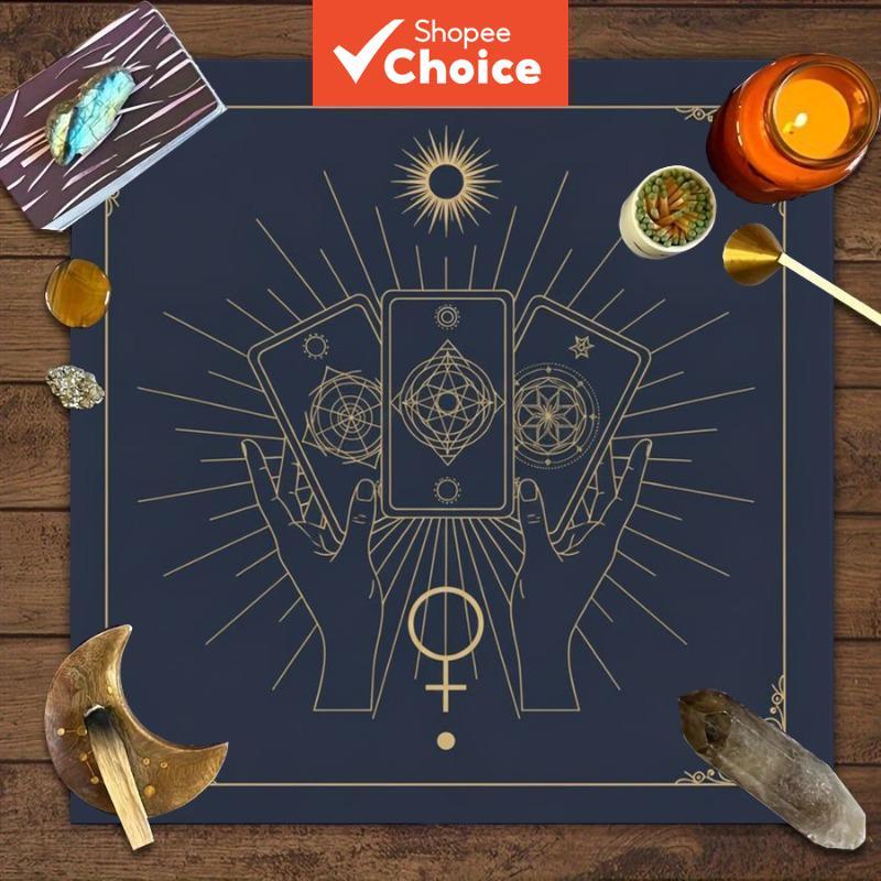 Pano de Altar de Tarô Místico 1PC para Festivais Mágicos com Símbolos e Mãos em Fundo Azul Escuro