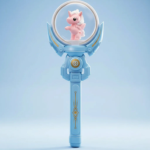 Varinha Unicórnio Azul com Luz e Som Fantasia Infantil Mágica Giratória Brinquedo Criança Presente