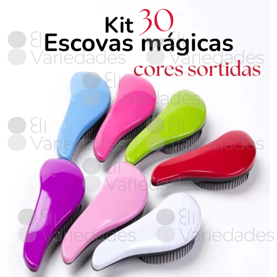 Kit 30 Escovas Mágicas Desembaraçadoras De Cabelo Atacado Antifrizz Cores Sortidas Pink Rosa Preto