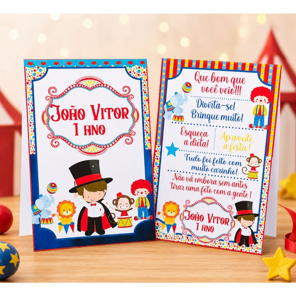 ENVIO RÁPIDO - 20 CARTÕES DE MESA CIRCO MENINO - Agradecimentos para festas tema Circo Azul e Vermelho Mágico |