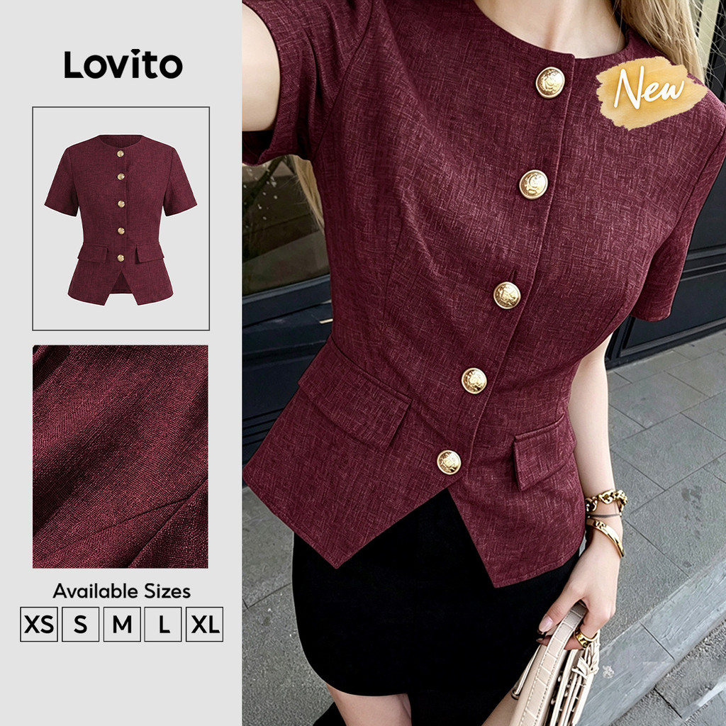 (New Arrival) Lovito Claret Women's Short Sleeve Round Neck Button Fake Pocket Spring/summer Workwear Blouse BLK10P1D1060