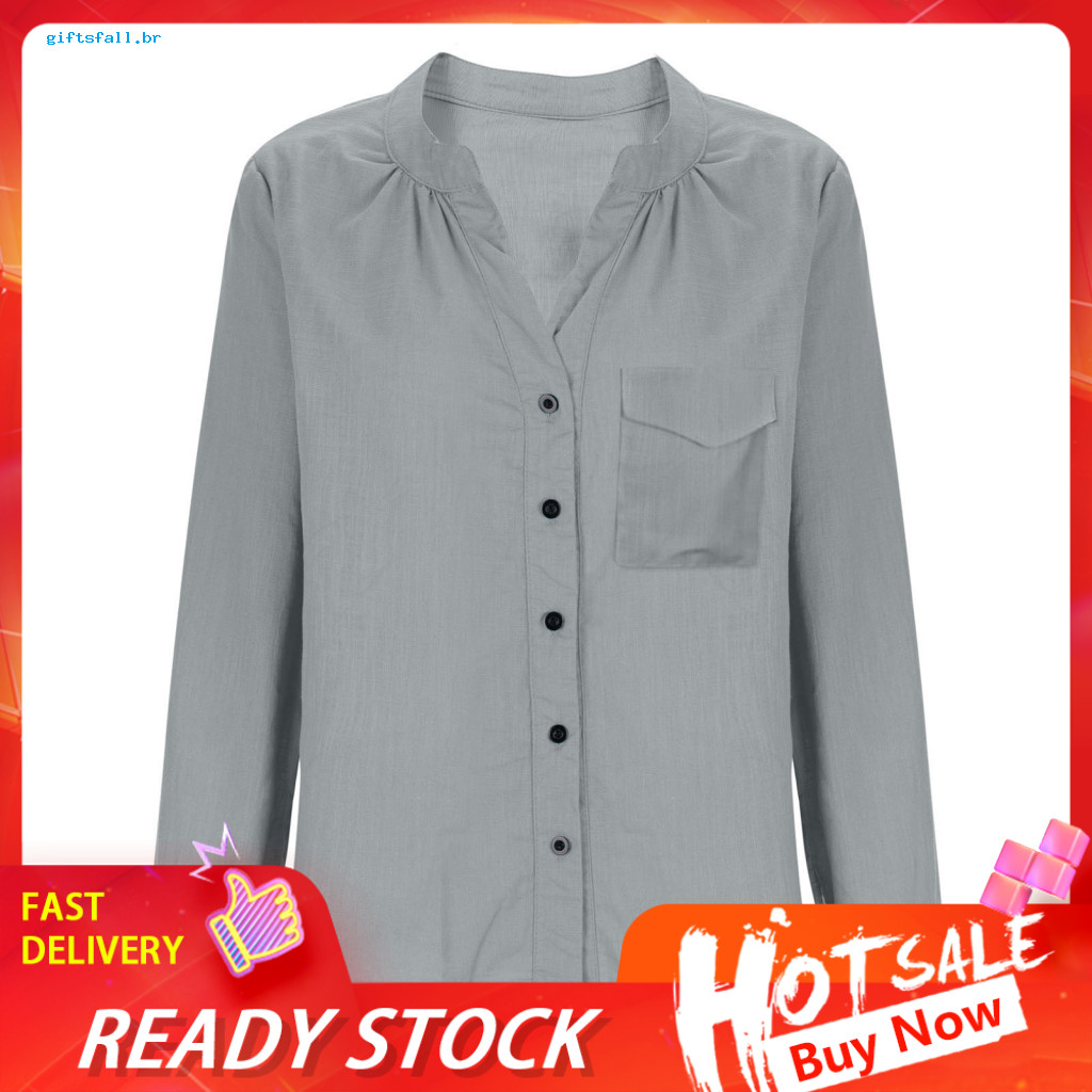 V-neck Button Down Shirt Long Sleeve Women’s V Neck with Flap Pocket – Office Blouse for Spring Summer Wear for Sout