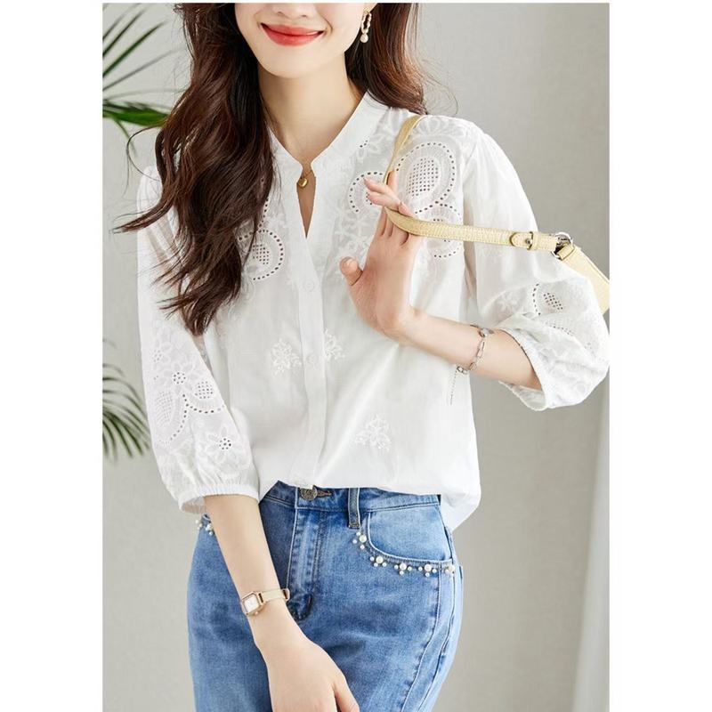 Women's White Embroidered 3/4 Sleeve V Neck Button Down Casual Blouse