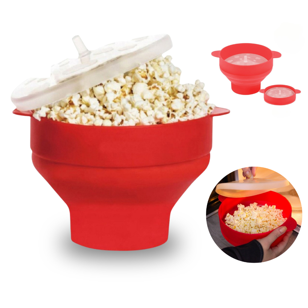 Pipoqueira Para Micro-ondas Sem Óleo Balde Pipoca Silicone Redonda Retrátil Vermelho Com Tampa
