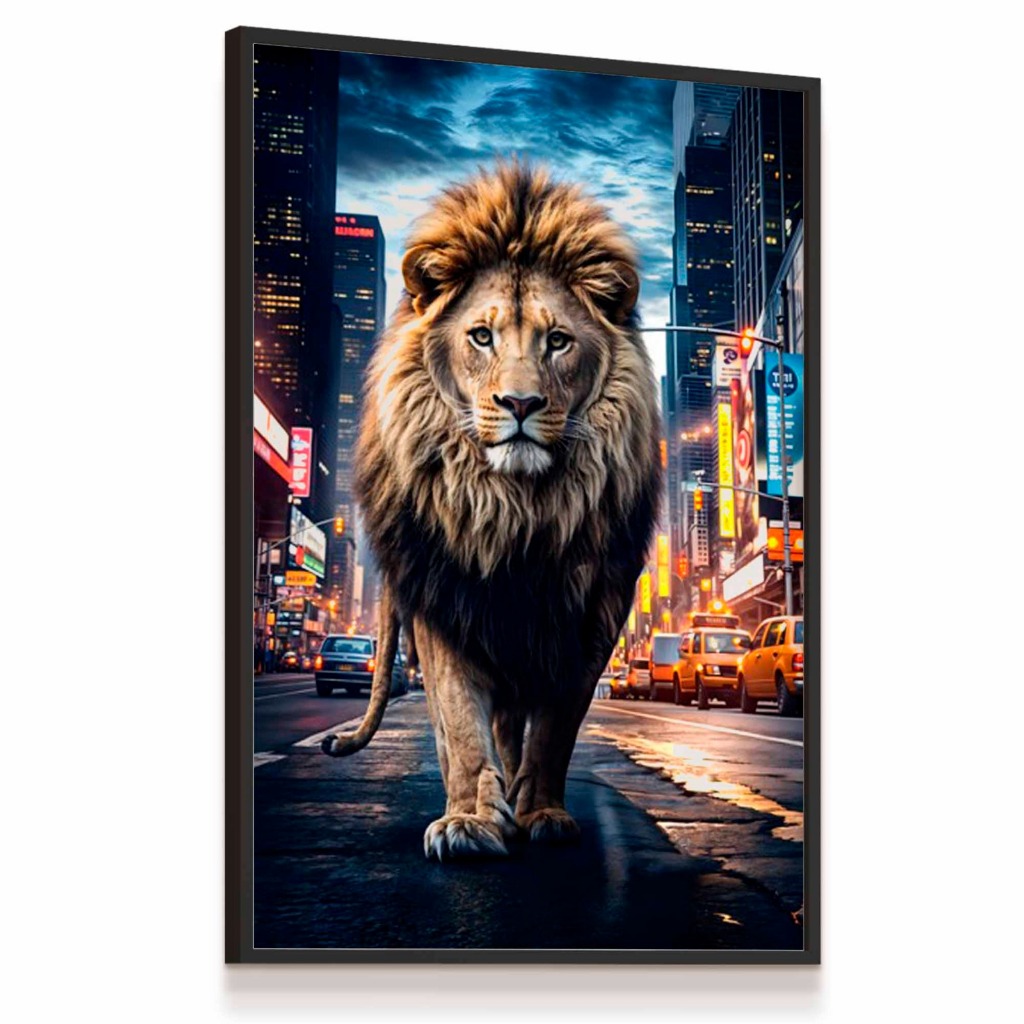 Quadro Decorativo Leão Cidade Urbana Animais 43x63cm Sala Escritório