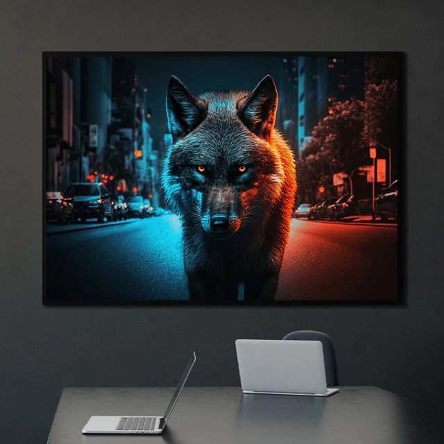 Quadro Decorativo 110x80cm  Animais Lobo na Cidade Sombra Azul e Vermelho Hall Luxo Casa Sala Quarto Decoração De Parede Grande Moderno