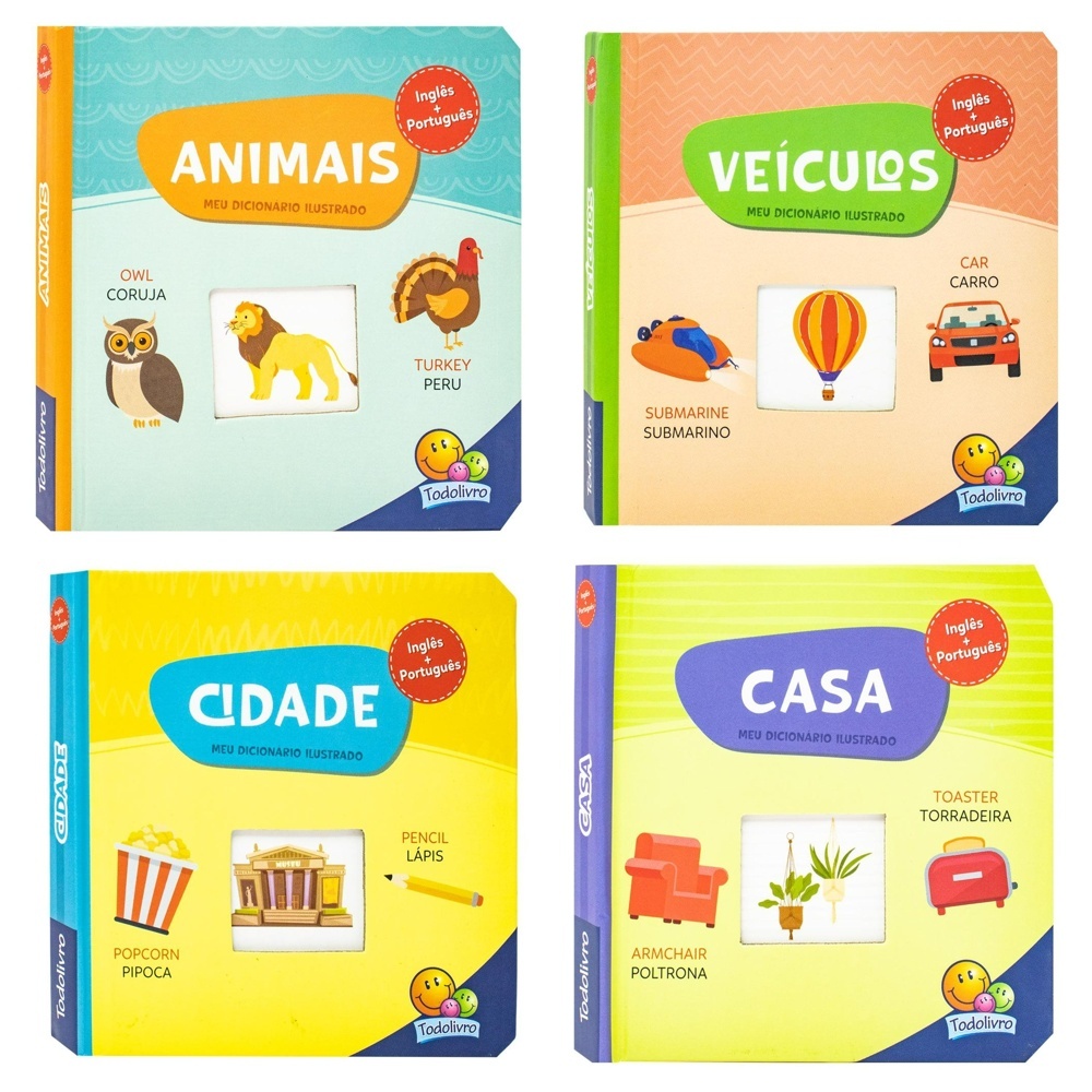 4 Livros Meu Dicionário Ilustrado Inglês Português Animais Casa Cidade Veículos