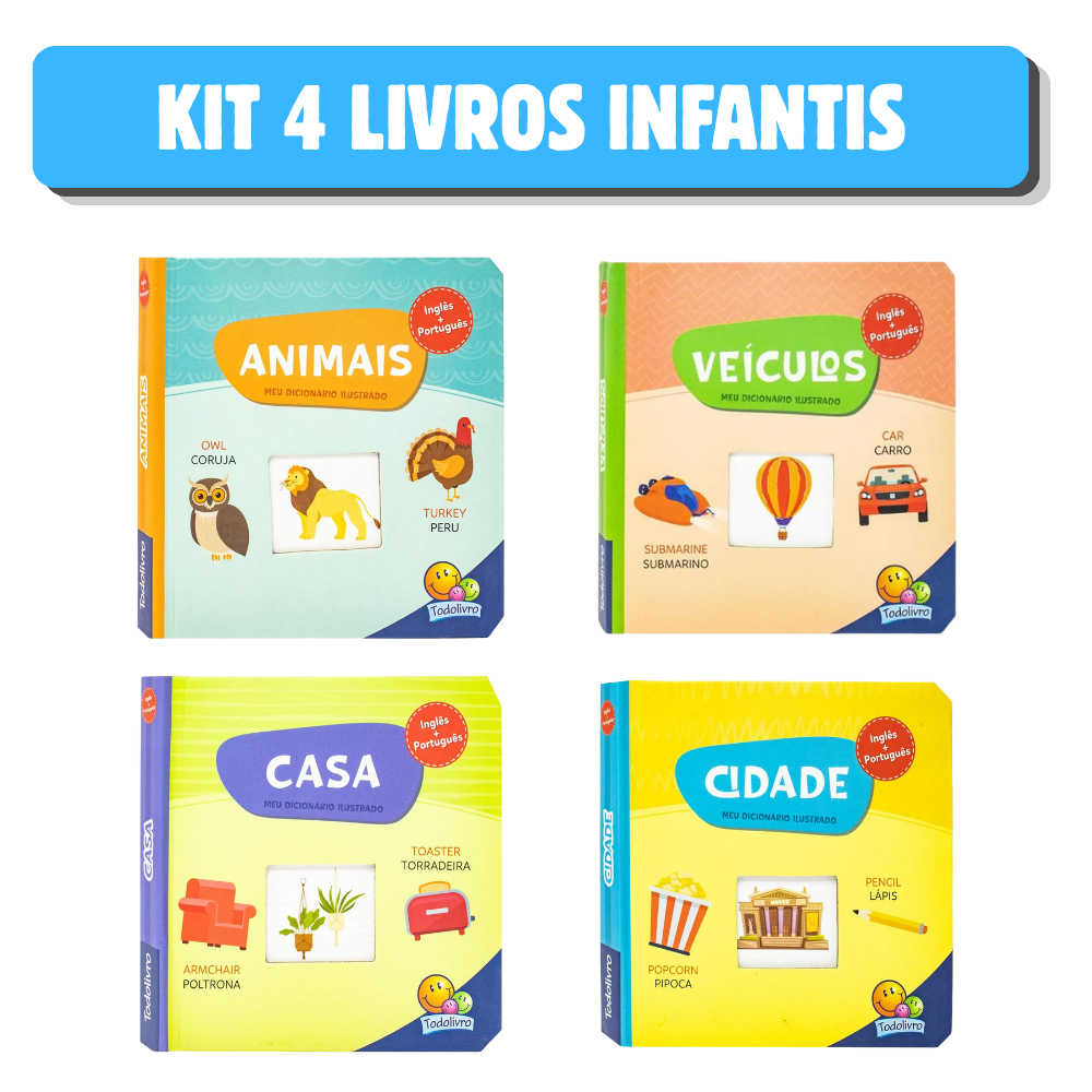 Kit 4 Livros Cartonados Infantis - Meu Dicionário Ilustrado - Animais, Casa, Cidade, Veículos