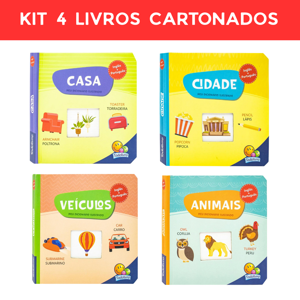 Kit 4 Livros Cartonados Meu Dicionário Ilustrado - Casa, Cidade, Veículos, Animais