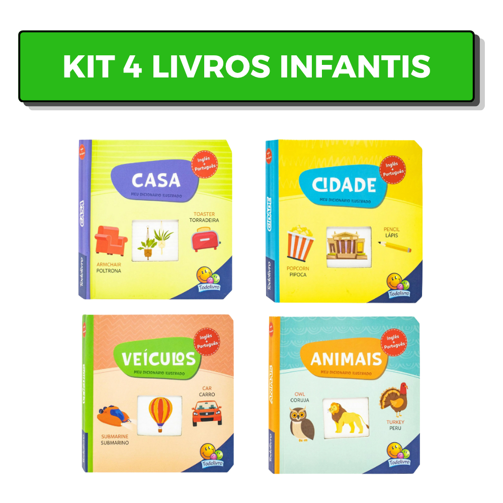 Kit 4 Livros Bilíngue Cartonados - Meu Dicionário Ilustrado - Casa, Cidade, Veículos, Animais