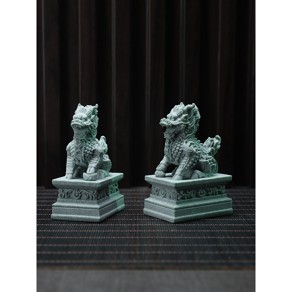 Kirin ornamentos par pedra cidade casa porta relógio Mini ornamentos Desktop sorte mítico besta azul arenito chá animal