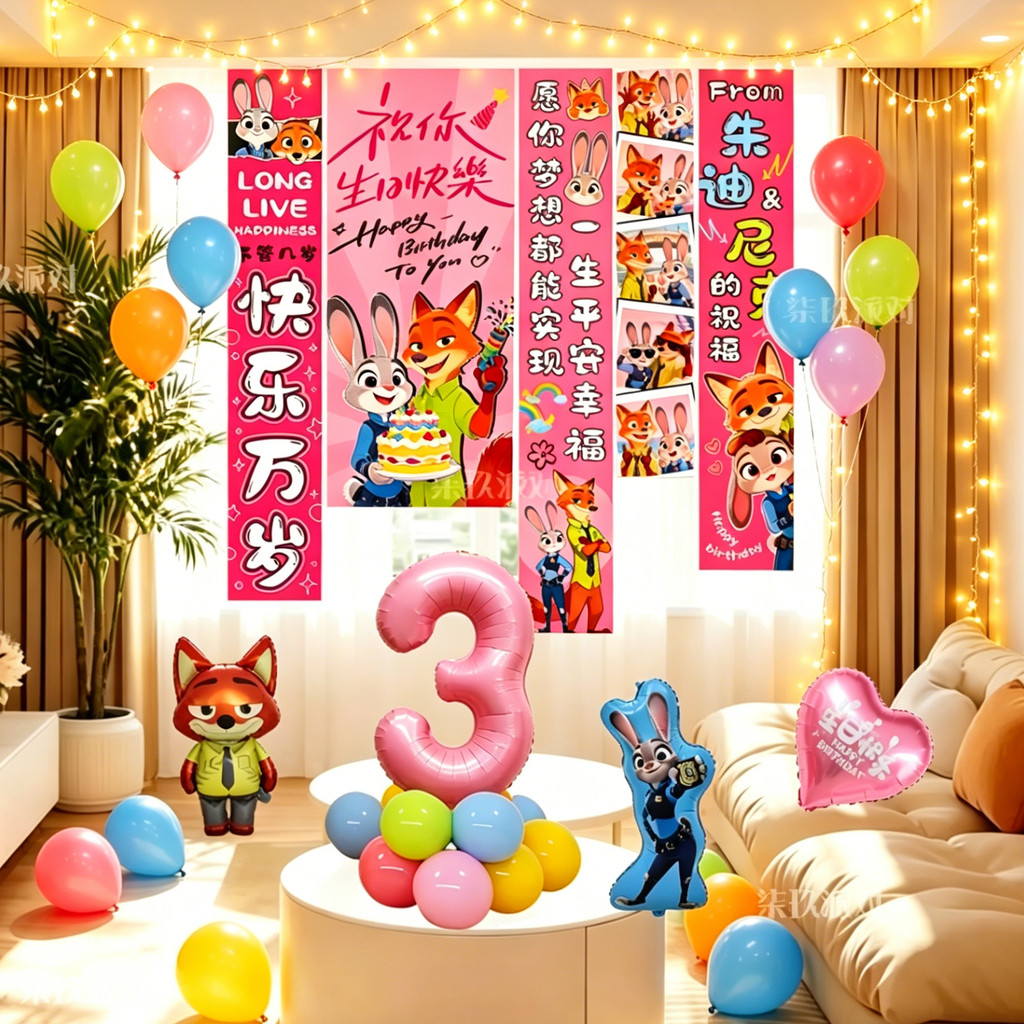 Balão de aniversário com tema de cidade de Animal louco Judy Nick Tapeçaria de aniversário Decoração de fundo Balão colo