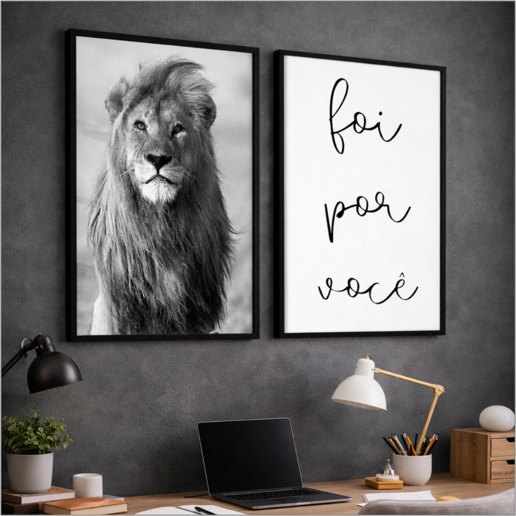 Kit 2 Quadros Decorativos com Moldura Sala Quarto Duo Leão de Judá Foi Por Você Tons de Cinza Vidro