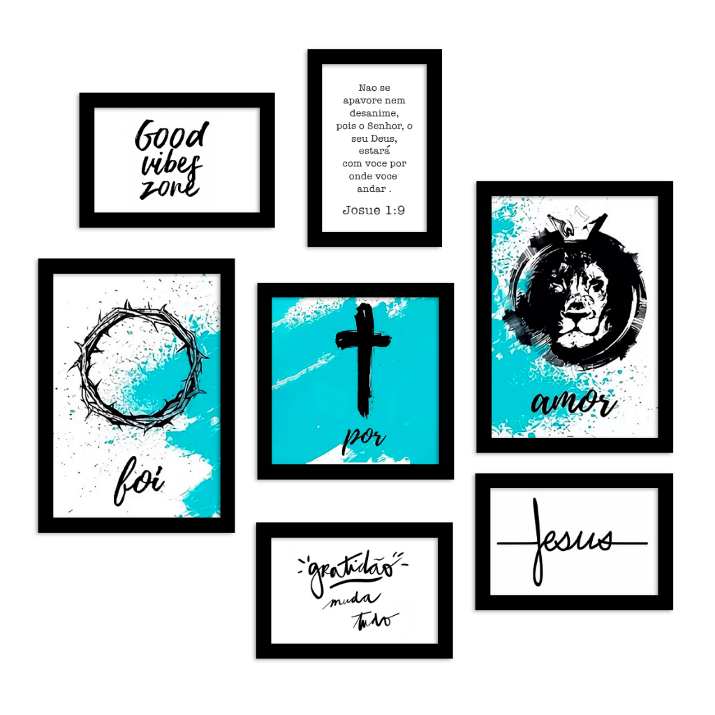 Kit 7 Quadros Placas Para Decoração Foi Por Amor Leão Cruz Coroa Fé Gratidão