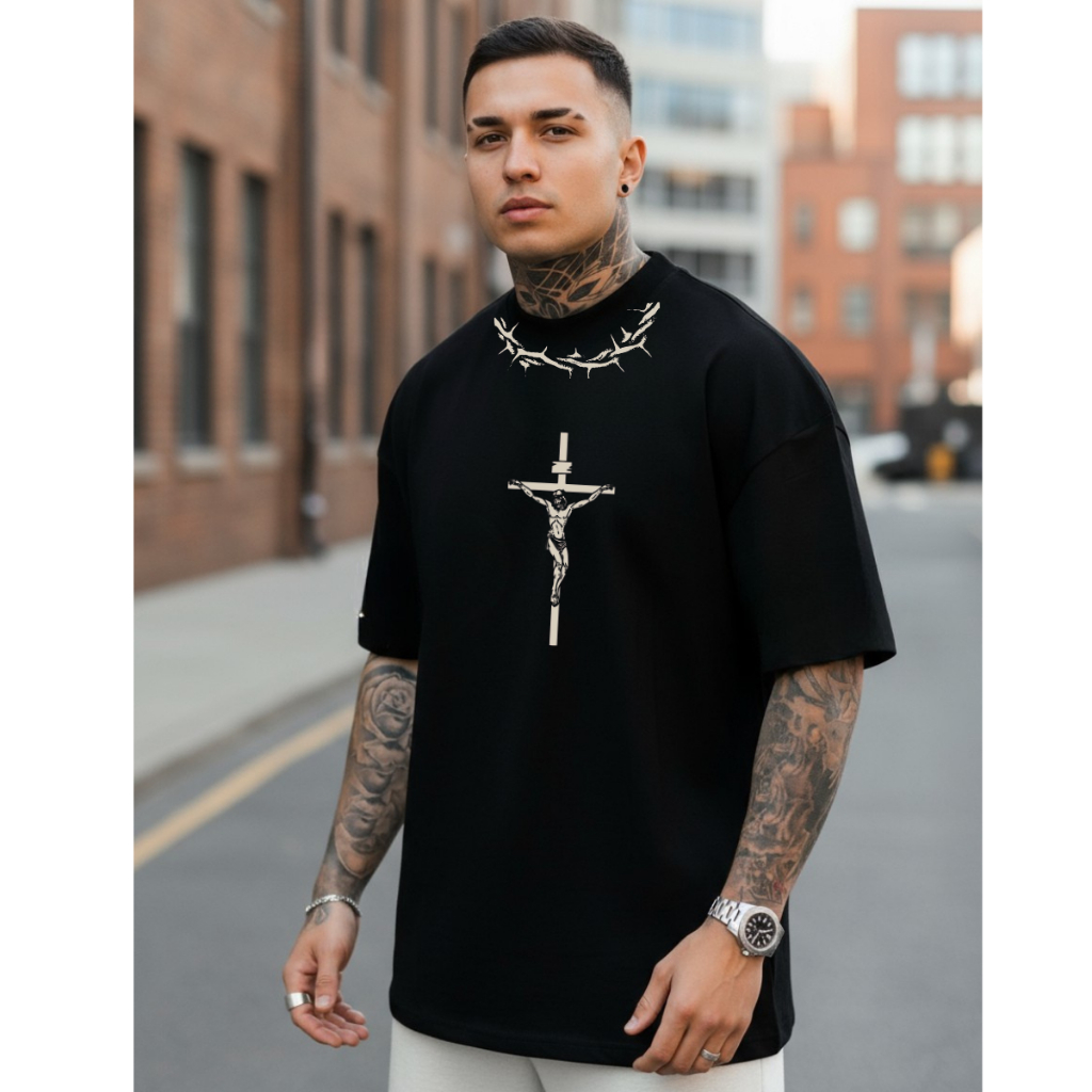 Camiseta Masculina Ovesized Jesus Cruz Espinhos Religiosa Foi Por Você 100% Algodão Entrega Imediata