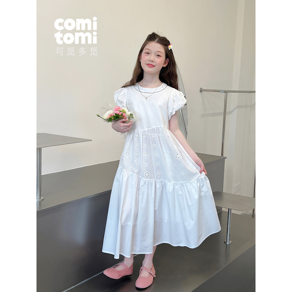 Meninas estilo ocidental saia branca grandes crianças vestido de manga curta crianças rendas saia longa meninas 2026 ver