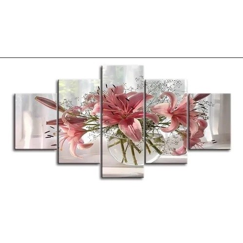 Quadro Decorativo Mosaico 5 Peças Flor Lírio Rosa Floral