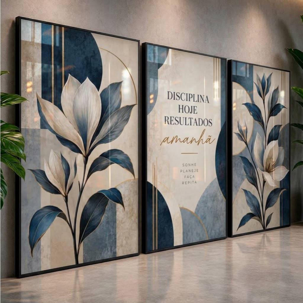 Quadros Decorativos para Sala Kit 3 Quadros Floral Azul com Frase Motivacional Flores Minimalista Luxo Hall