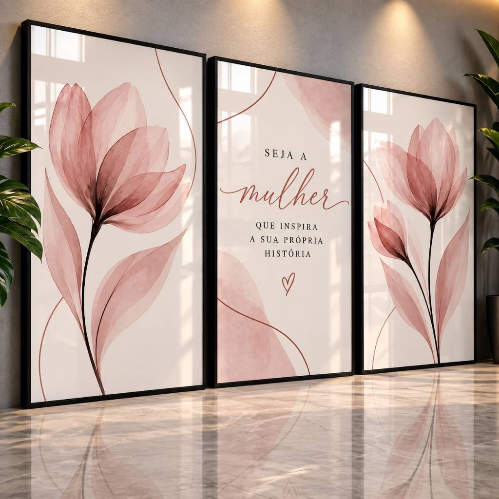 Quadros Decorativos para Sala Kit 3 Quadros Floral Feminino Mulher Minimalista Flores Rosa Para Quarto Hall