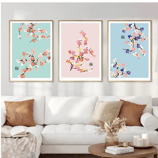 Quadros decorativos Japão sakura floral cartaz rosa cerejeira primavera pastel flores (3 peças)