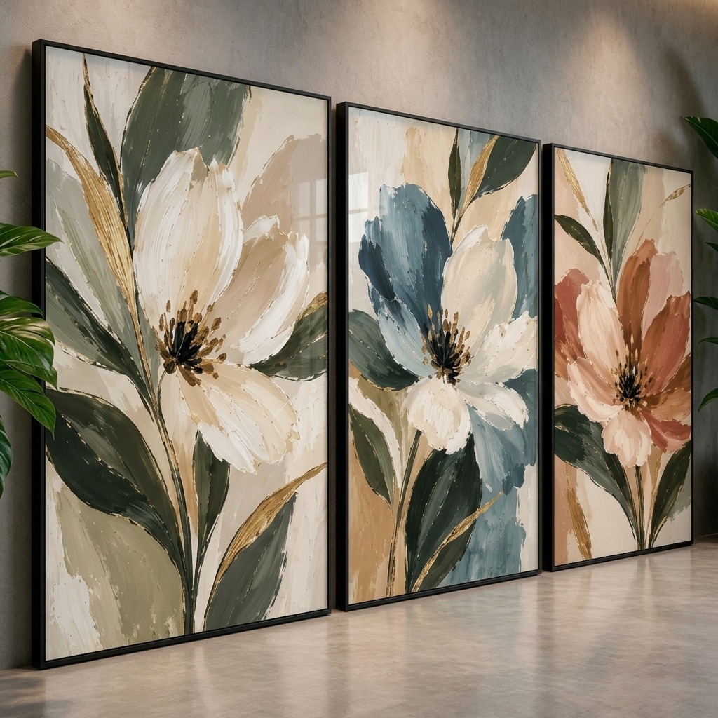 Quadros Decorativos Floral Abstrato Kit 3 Peças Flores Modernas para Sala e Quarto