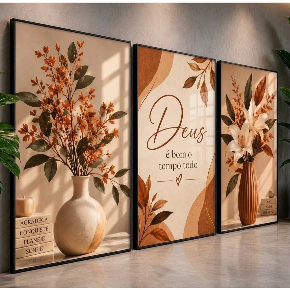 Quadros Decorativos Para Sala Kit 3 Quadros Religioso Deus É Bom Floral Terracota Flores Inverno Moderno