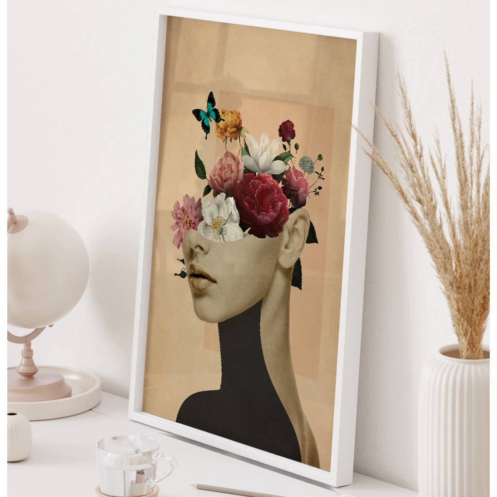 Quadro Abstrato Feminino Flores Com Moldura E Vidro Decorativo Sala Grande Quadro Quarto Dama Flor