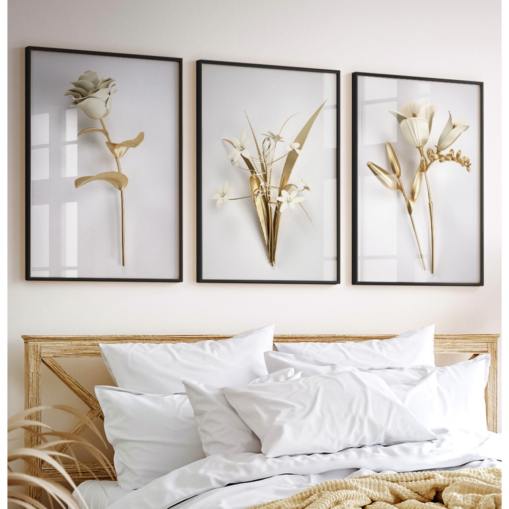 Quadro De Flores Quadro Com Moldura E Vidro Quadro Decorativo Sala Quarto Quadro Dourado Buquê Trio