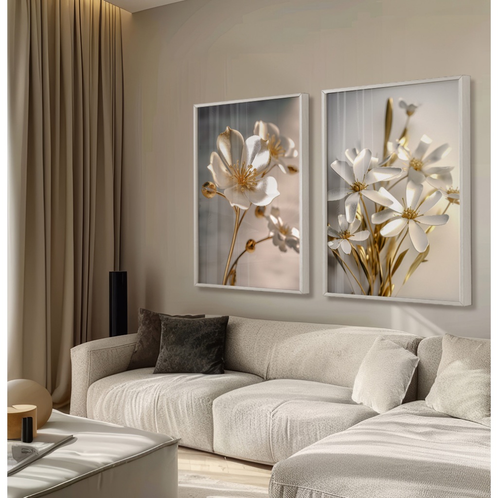 Quadro De Flores Dourado Com Moldura Vidro Quadro Decorativo Sala Grande Quarto Buquê Metálico Kit